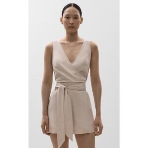 OYSHO Linen Tie Playsuit Wide-Leg V-Neck Beige Women's XS Sleeveless jumpsuit
